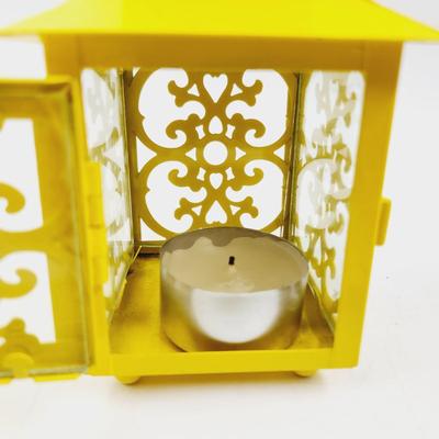 METAL YELLOW DECORATIVE HANGING CANDLE HOLDER