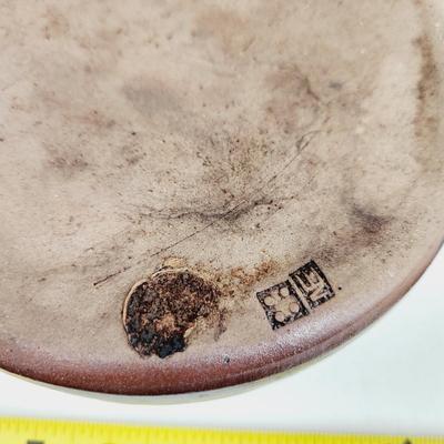 TEAL & BROWN STAMPED POTTERY BOWL
