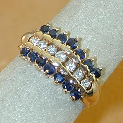 14k Yellow Gold Kay's Sapphire & Diamond 3 Row Waterfall Ring, Size 8.5, 5 Grams J005