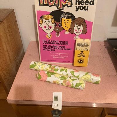 1975 cardboard signage with 70’s  shelf liner.