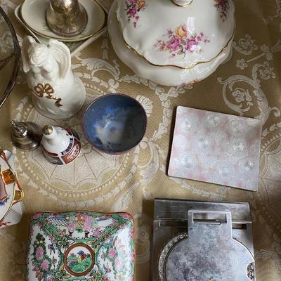 Bowls, platters, plates, bells, dishes with lids and ink well.  From Germany, Italy, Japan, Austria