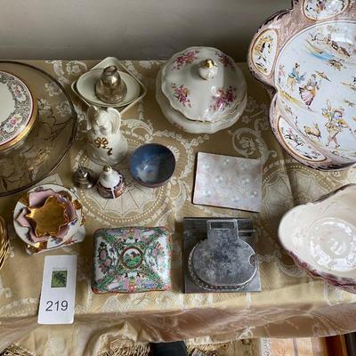 Bowls, platters, plates, bells, dishes with lids and ink well.  From Germany, Italy, Japan, Austria