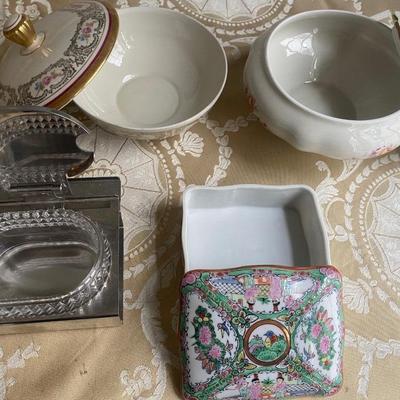 Bowls, platters, plates, bells, dishes with lids and ink well.  From Germany, Italy, Japan, Austria