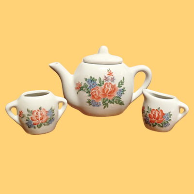 Vintage Porcelain Orange & Blue Floral Miniature Tea Set