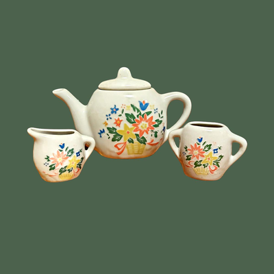Vintage Porcelain Peach & Yellow Floral Miniature Tea Set
