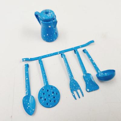 MINATURES - BLUE ENAMELWARE PITCHER & UTENSILS