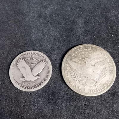 1909-S SILVER BARBER HALF DOLLAR AND SILVER STANDING LIBERTY QUARTER