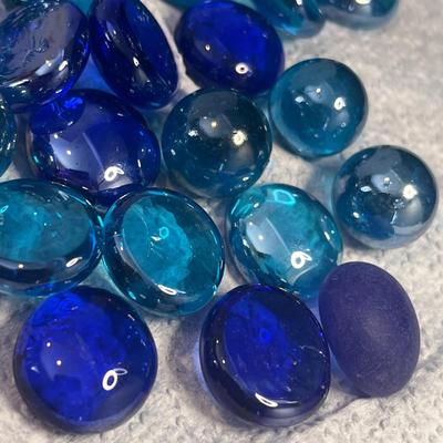 GROUP OF BLUE GLASS MARBLES, DISCS