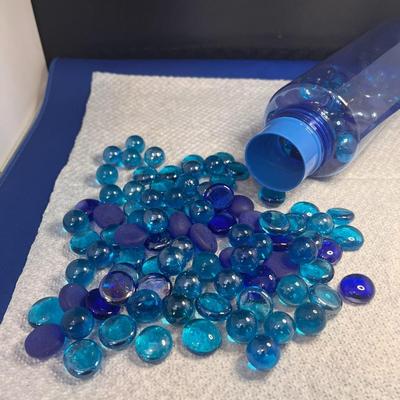 GROUP OF BLUE GLASS MARBLES, DISCS