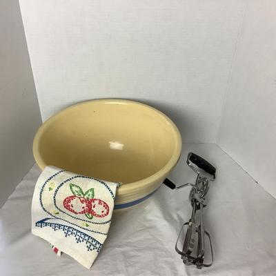734 Large Blue Stripe Ovenware Pottery Bowl with Hand Mixer and Vintage Tea Towel