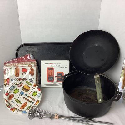 705 Vintage Cast Iron Wagner Pot with Wok Thermo Pro Food Thermometer . Kabobs, Paper Products