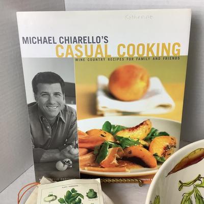 716 Signed Michael Chiarello's Casual Cooking Book with Pottery Barn Pasta Bowl and Tea Towel