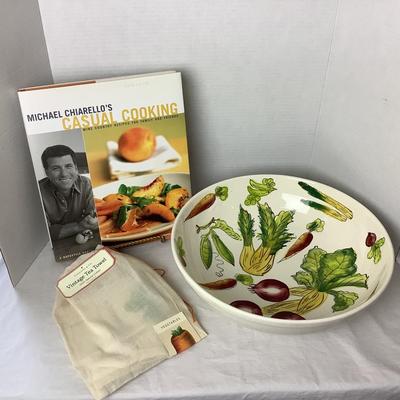 716 Signed Michael Chiarello's Casual Cooking Book with Pottery Barn Pasta Bowl and Tea Towel