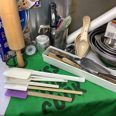 727 Large Lot of Stainless Mixing Bowls, Baking Sheets, Measuring Tools and more