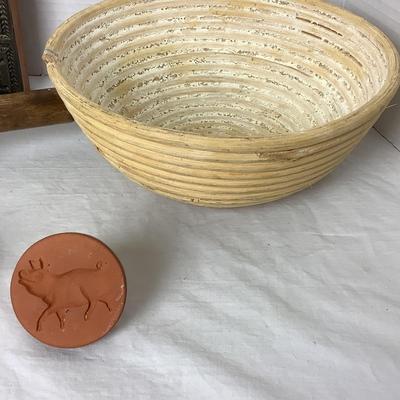 731 Antique Springerle Wooden Molds and Clay Cookie Press with Braided Bowl