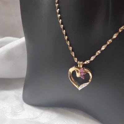 Ross Simons Ruby and Diamond Accent Gold Vermeil Heart on 18" Vintage Italian Chain
