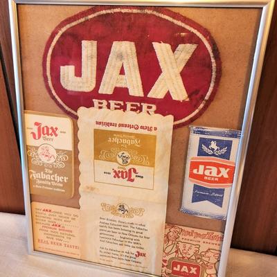 Lot #6  Vintage JAX Beer Lot in Frame - Patch, coasters, notepads