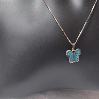 Pretty Vintage Pressed Turquoise Butterfly 19" 925 Necklace