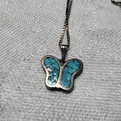 Pretty Vintage Pressed Turquoise Butterfly 19" 925 Necklace