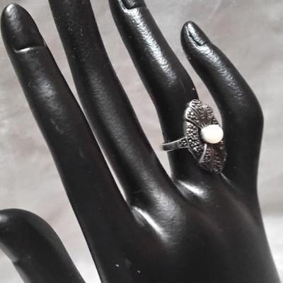 Vintage Pearl and Marcasite 925 Ring Size 6