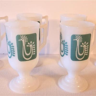 Lot #15  Set of Six Rare Mid Century Federal Glass Milk Glass Rooster Mugs