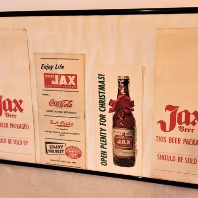 Lot #16 Framed Lot of JAX Beer memorabilia - Christmas brochure, more