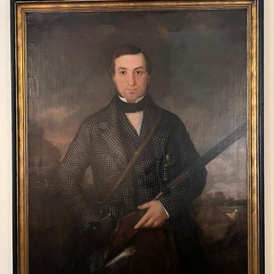 LARGE 19th C Folk Art Portrait of a Gentleman Hunter and Hound Dog