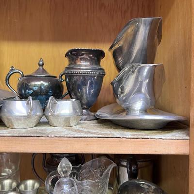Vintage Silver plated creamers, pitchers, glass, candly or sugar bowl