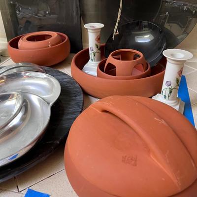 Terracotta serving vessels, MCM pottery and candle holders