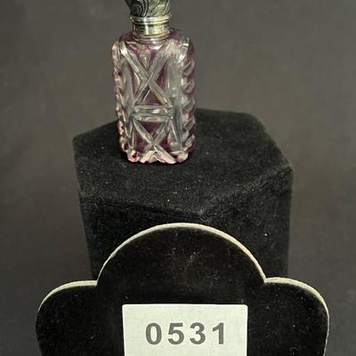 Antique Sterling Cap Cut Glass Cranberry to clear Perfume Bottle