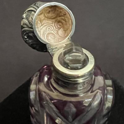 Antique Sterling Cap Cut Glass Cranberry to clear Perfume Bottle