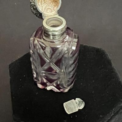 Antique Sterling Cap Cut Glass Cranberry to clear Perfume Bottle