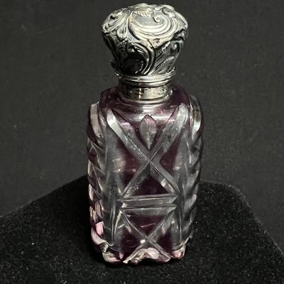 Antique Sterling Cap Cut Glass Cranberry to clear Perfume Bottle