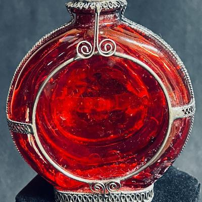 Old Persian Silver framed Cranberry Perfume Bottle