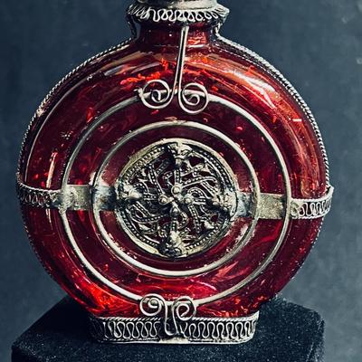 Old Persian Silver framed Cranberry Perfume Bottle