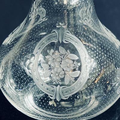 Beautiful Antique Etched Cut Glass Perfume Bottle Blown Stopper