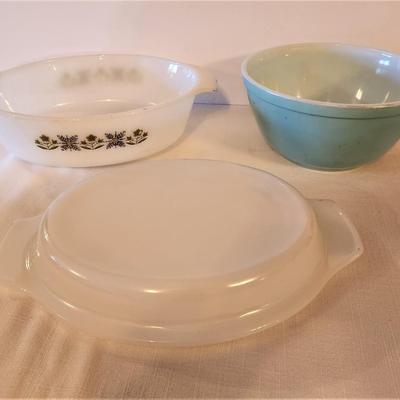 Lot #27  PYREX #402 Turquoise Bowl and Fire King Casserole w/lid