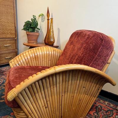 Paul Frankl Restored Art Deco Rattan Fan Arm Lounge Chair PAIR