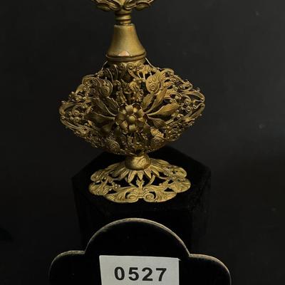 Elaborate Vintage Filigree Brass Framed Perfume Bottle