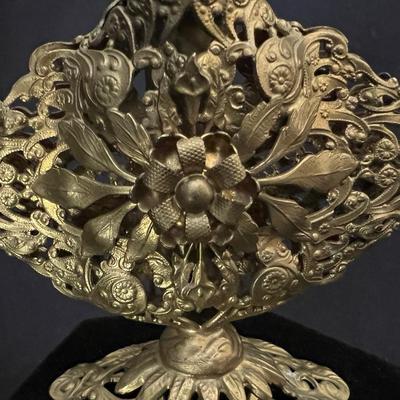 Elaborate Vintage Filigree Brass Framed Perfume Bottle