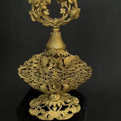 Elaborate Vintage Filigree Brass Framed Perfume Bottle