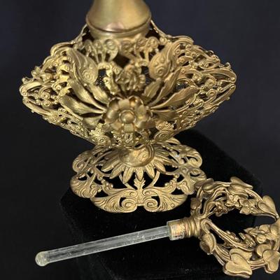 Elaborate Vintage Filigree Brass Framed Perfume Bottle