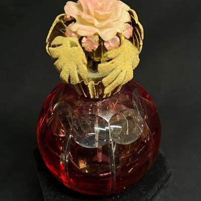 Antique Cranberry cut to clear Spritzer Perfume Bottle floral top