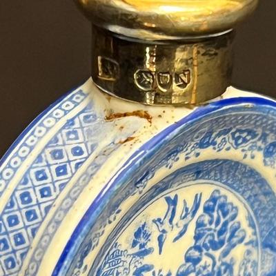 Tiny Blue Willow Porcelain Perfume Miniature Bottle with Old Hallmarks