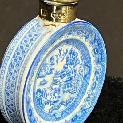 Tiny Blue Willow Porcelain Perfume Miniature Bottle with Old Hallmarks