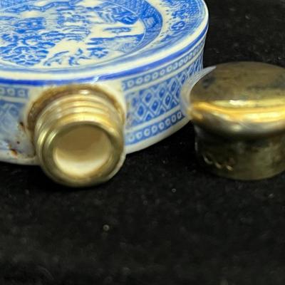 Tiny Blue Willow Porcelain Perfume Miniature Bottle with Old Hallmarks
