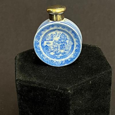 Tiny Blue Willow Porcelain Perfume Miniature Bottle with Old Hallmarks