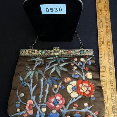 Antique Chinese Embroidered Silk Purse with Jewel Studded Clasp - Pristine!