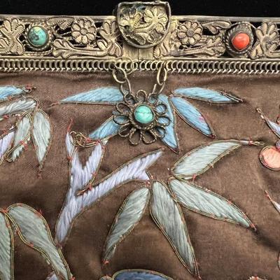 Antique Chinese Embroidered Silk Purse with Jewel Studded Clasp - Pristine!