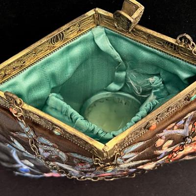 Antique Chinese Embroidered Silk Purse with Jewel Studded Clasp - Pristine!
